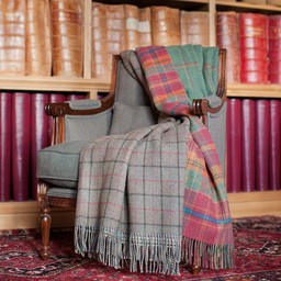 Dunoon Reversible Red Check and Green Windowpane Tweed Lambswool Throw