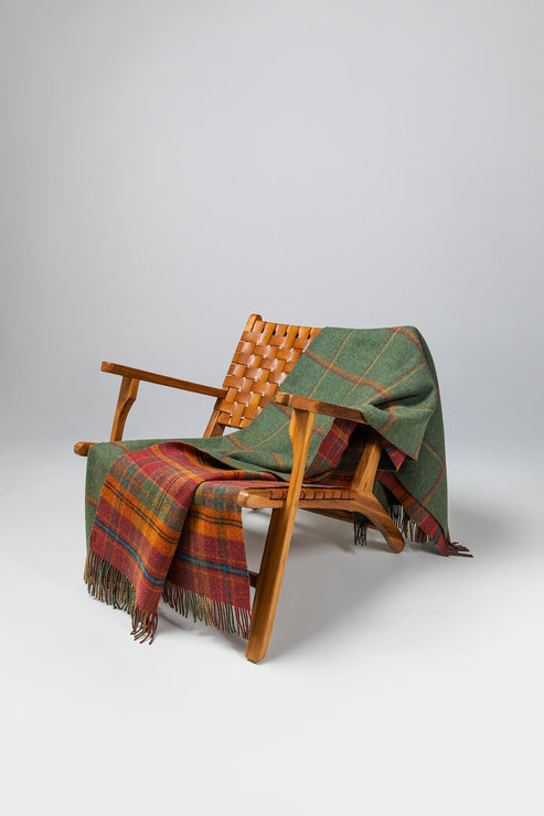 Dunoon Reversible Red Check and Green Windowpane Tweed Lambswool Throw
